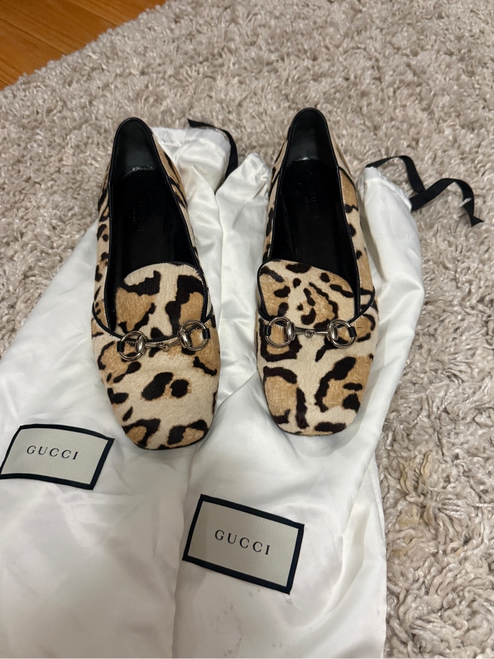 Vintage Gucci Leopard Print Horsebit Loafers - Tan/Black